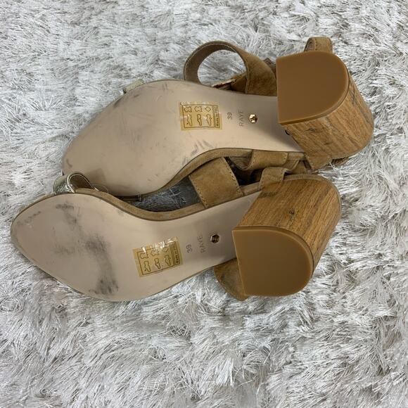 RAYE Gold Tan Suede Wood Heels Revolve Sz  8.5 - Picture 5 of 9